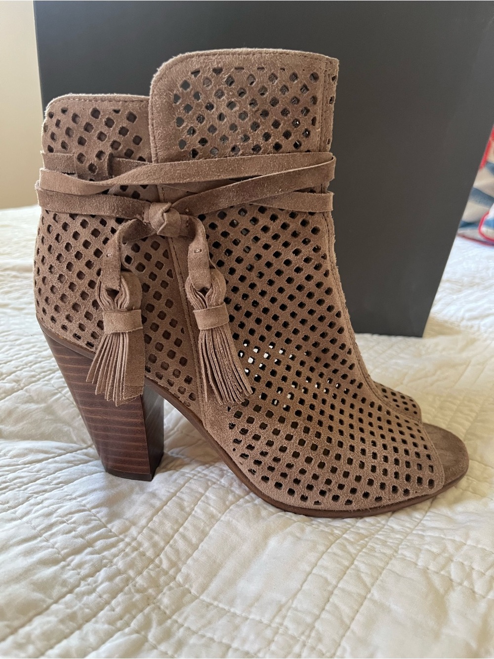 Vince Camuto Taupe Suede Perforated Peep-Toe Ankle Boot with Tassel Wrap